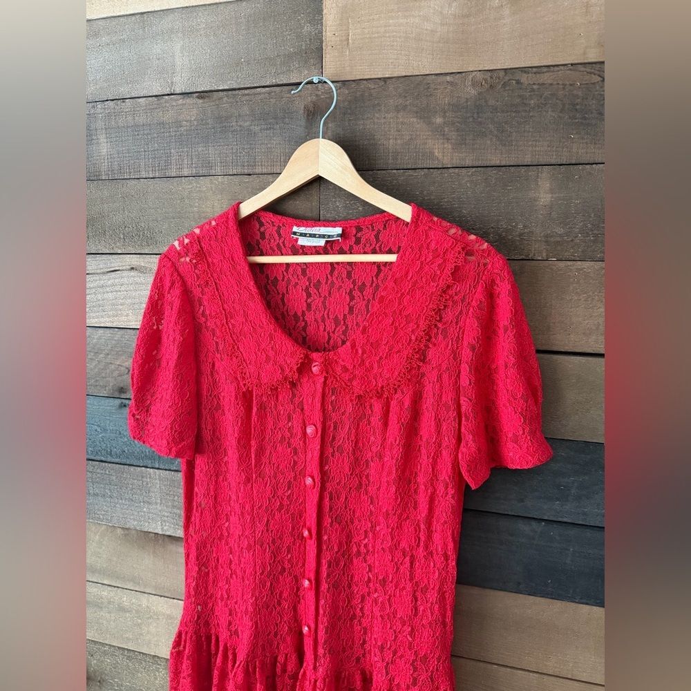 Vintage 90s Lace Dress Diana Marco Red Button Front - Picture 9 of 9